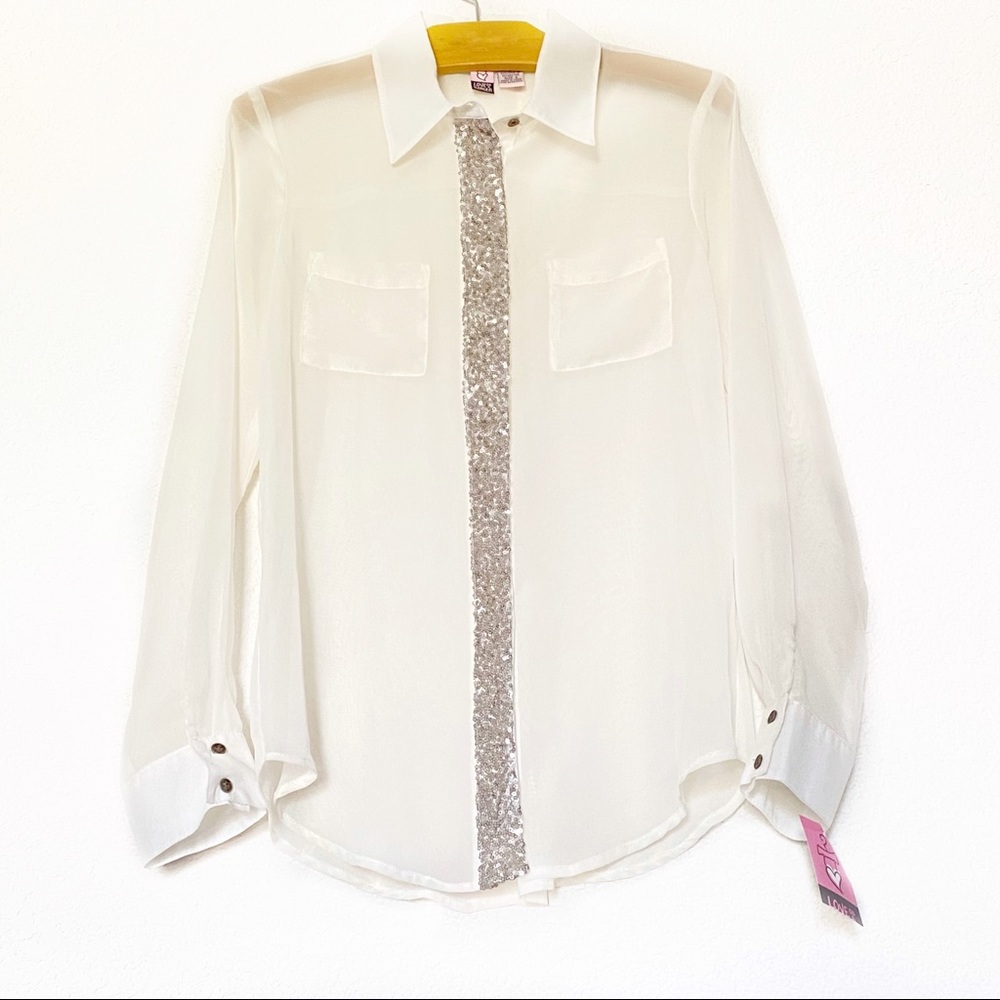 NORDSTROM RACK Sheer Cream Top w/ Sequins S